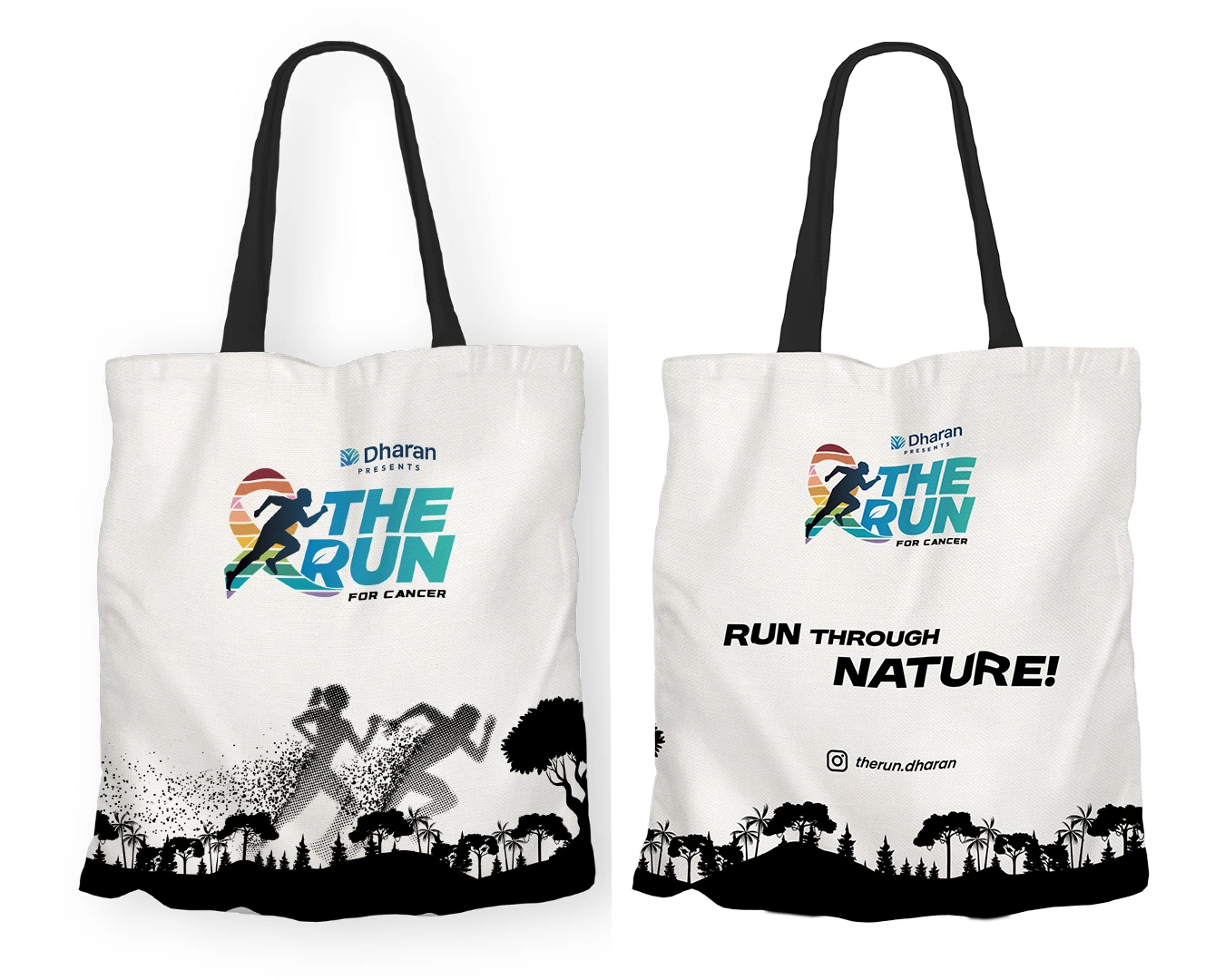 Two views of the original The Run tote bag design.