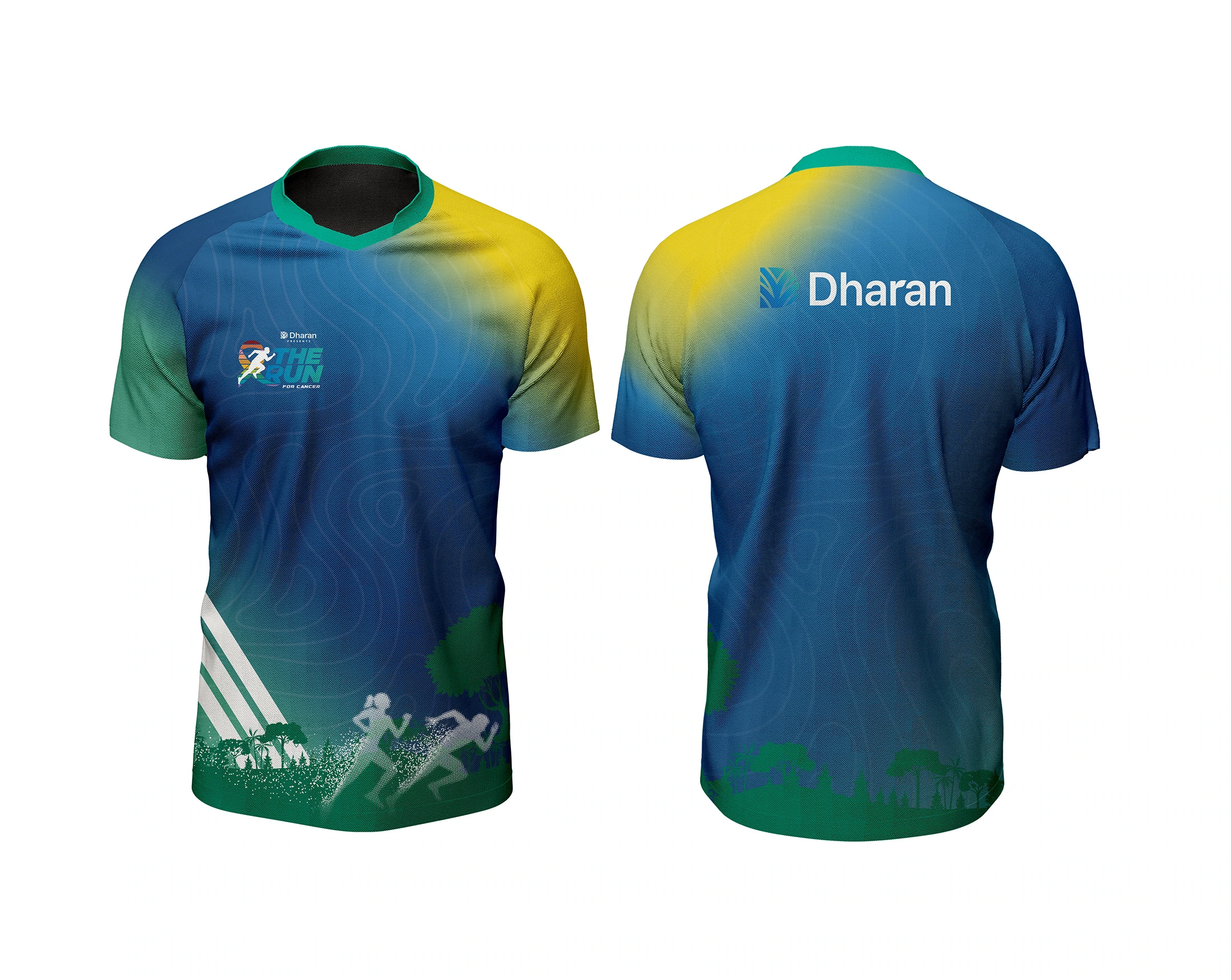 Front and back of the blue, yellow and green second-edition race jersey.
