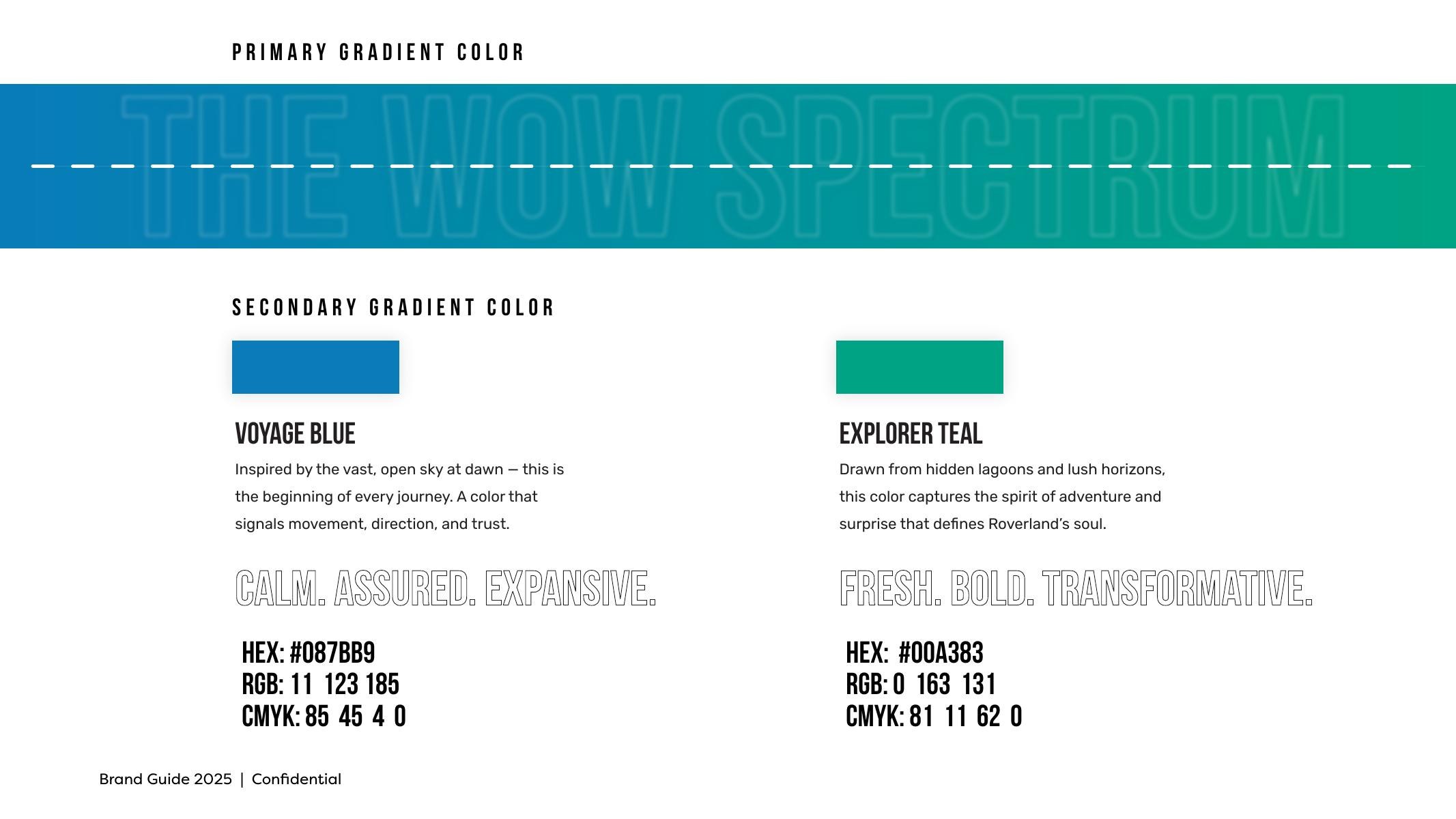Gradient bar and colour swatches — Voyage Blue #087BB9 and Explorer Teal #00A383