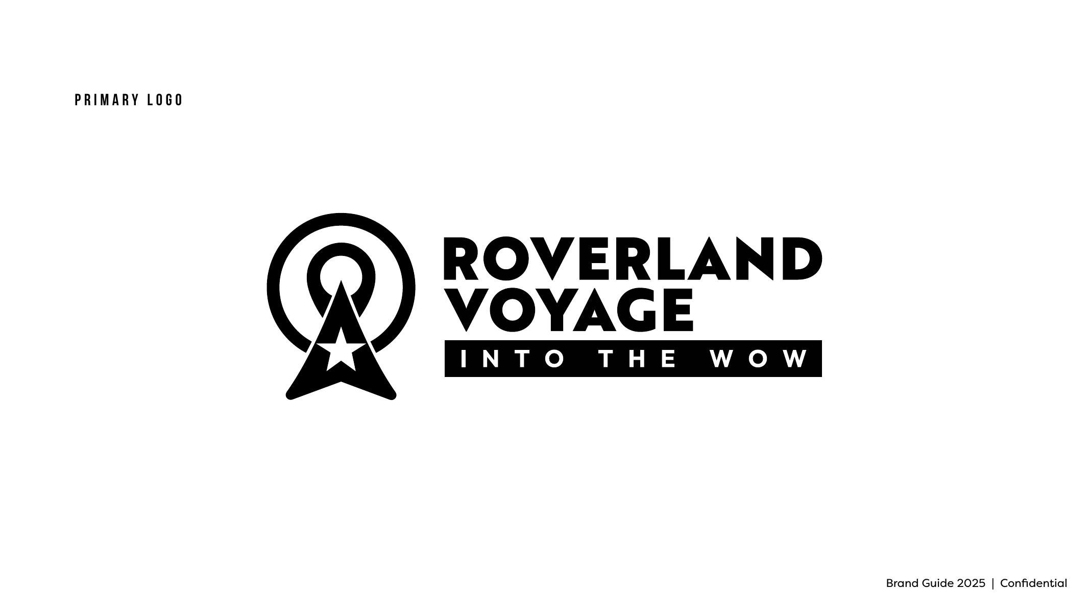 Primary logo lockup with ROVERLAND VOYAGE wordmark and INTO THE WOW bar