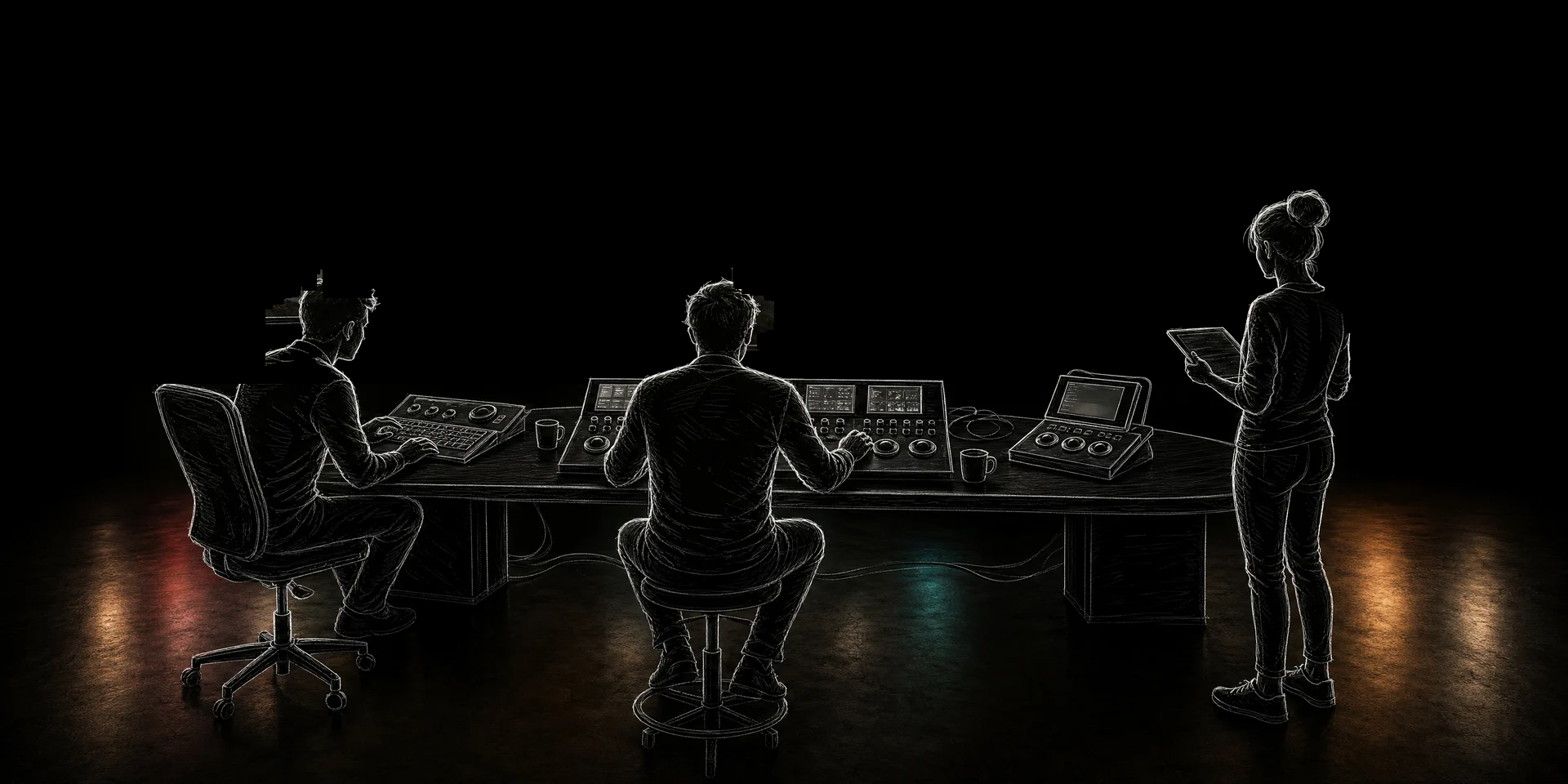 Pencil sketch of a colour grading suite with editors at a Blackmagic Design desk